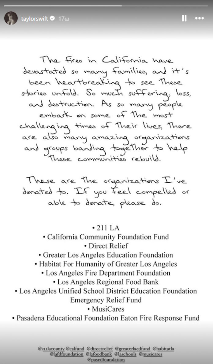 Η Τέιλορ Σουίφτ συνεισφέρει με δωρεές ως ένδειξη υποστήριξης των πληγέντων από τις πυρκαγιές στο Λος Άντζελες